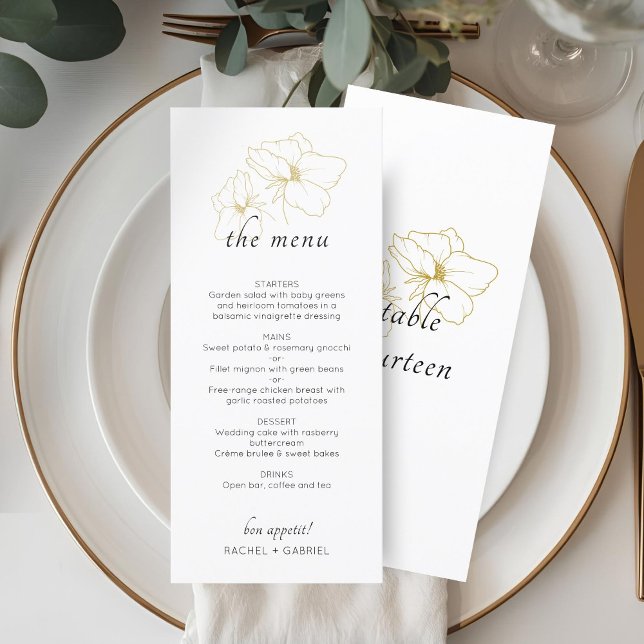 Menu Branca | Casamento Floral Dourado Chic Faux (Criador carregado)