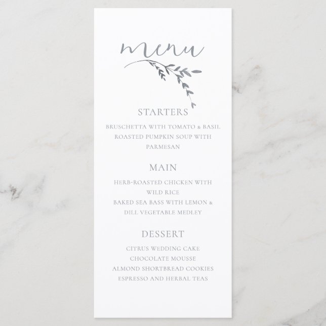 Menu Branch Minimalista White & Silver Modern Wedding (Frente)