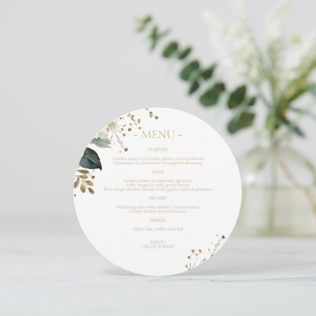Menu Branco chic | Folhagem Floral Casamento Por Aquare (Em pé/Frente)