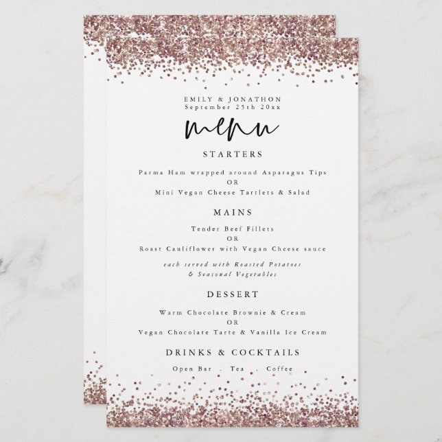 Menu Branco do Casamento Glitter Dourado Rosa de O (Frente/Verso)