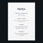 Menu Branco e Marinho de Script Minimalista Moderno | C<br><div class="desc">Este elegante e minimalista cartão de cardápio de casamento apresenta uma tipografia moderna azul-marinho escura e limpa,  sans serif text em branco para um design simples e na moda que você vai adorar.</div>
