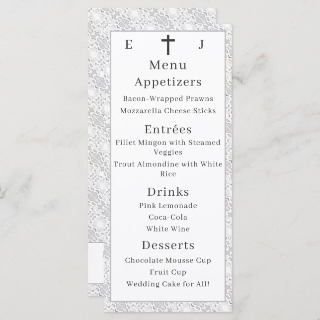 Menu Branco Lace Católico Monograma (Frente/Verso)