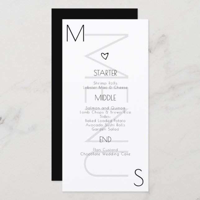 Menu Branco Negro de Casamento de Coração Monogram (Frente/Verso)