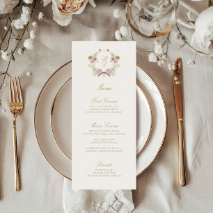 Menu Brasão Monograma Floral Rosa Verde Casamento
