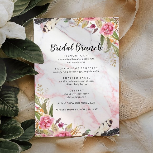 Menu Bridal Elegante de Mármore Floral Blush (Criador carregado)