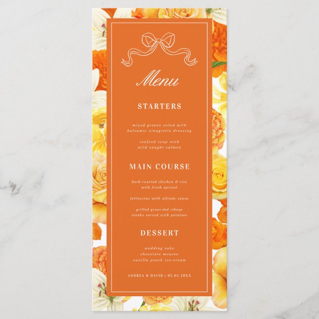 Menu Bright Citrus Yellow Orange Bridal Shower Wedding (Frente)