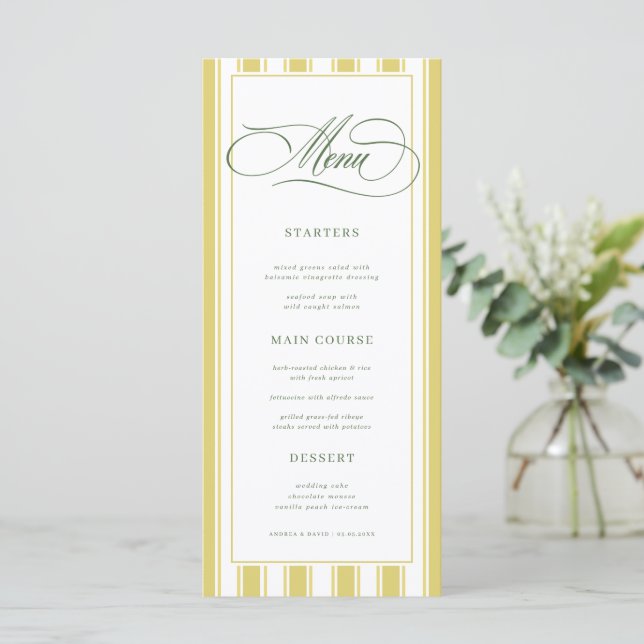 Menu Bright Yellow Green Zesty Stripes Classic Wedding (Em pé/Frente)