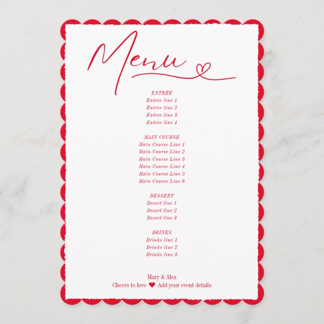 Menu Brindes ao Amor Coração Vermelho Simples Casamento (Frente)