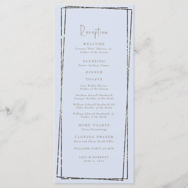 Menu Brinquedos de Casamento de Recepção Azul Elegante (Frente)