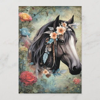 Menu  Brown horse in flowers.