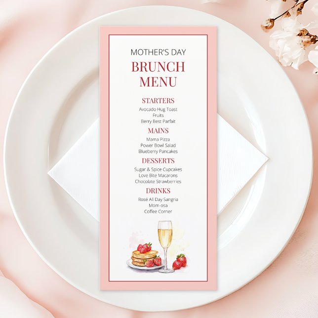 Menu Brunch de Dia de as mães Simples Elegante Rosa Mod (Modern Pink Elegant Simple Mother's Day Brunch Menu)