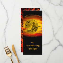 Menu bruxa voadora com gato preto, noite de halloween