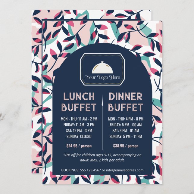 Menu Bufê de Almoço e Jantar Pink Navy Greenery (Frente/Verso)