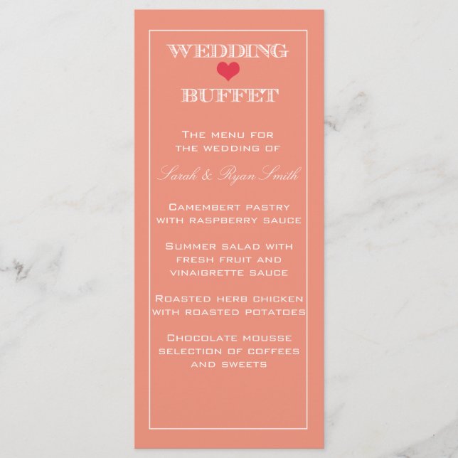 Menu Buffet de Casamento de Peach & Red Heart (Frente)