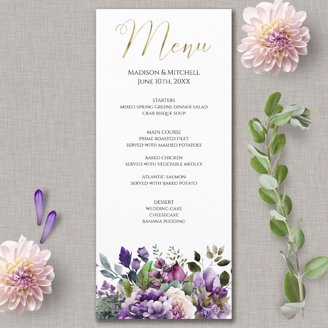 Menu Buquê de Aquarela Violeta Roxa com Grafia Dourada (Criador carregado)