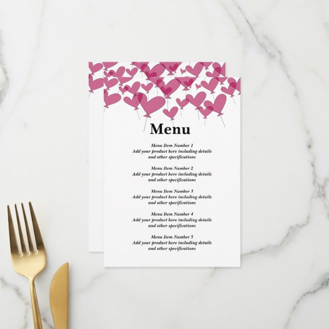 Menu Buquê de balões de coração vermelho único casament (Frente/Verso In Situ)