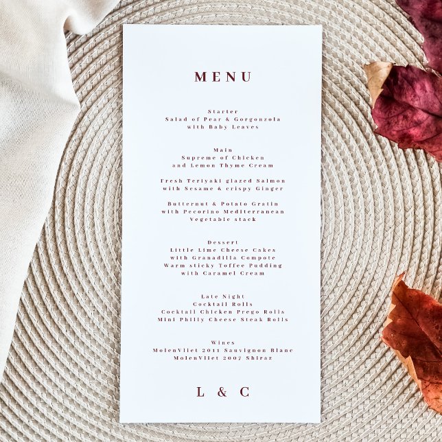 Menu Burgundia Vermelha Branca Elegante O Casamento (Criador carregado)