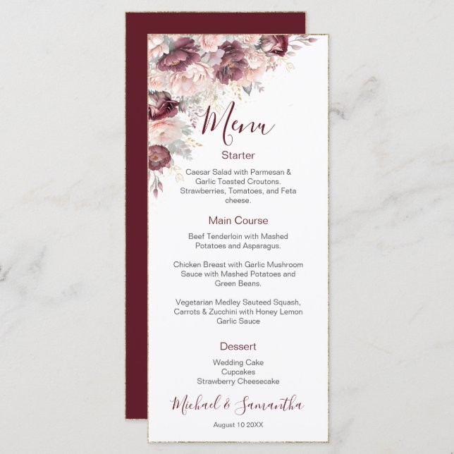 Menu Burgundy Blush Peony e Casamento de Rosas (Frente/Verso)