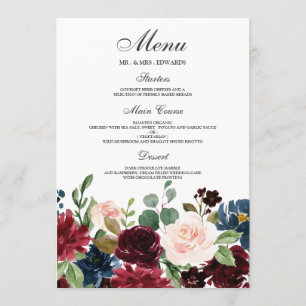 Menu Burgundy Blush Red Wine Flowers Modern Weds