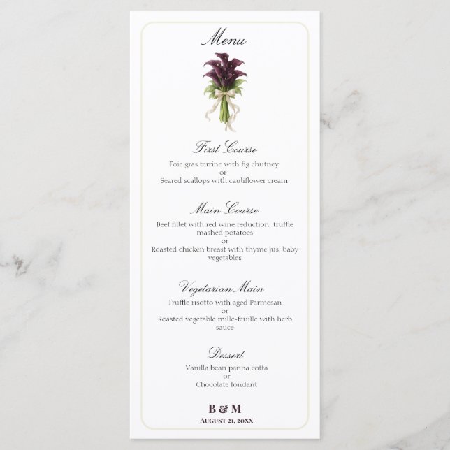 Menu Burgundy Calla Lily Wedding Bouquet Ivory Ribbon  (Frente)