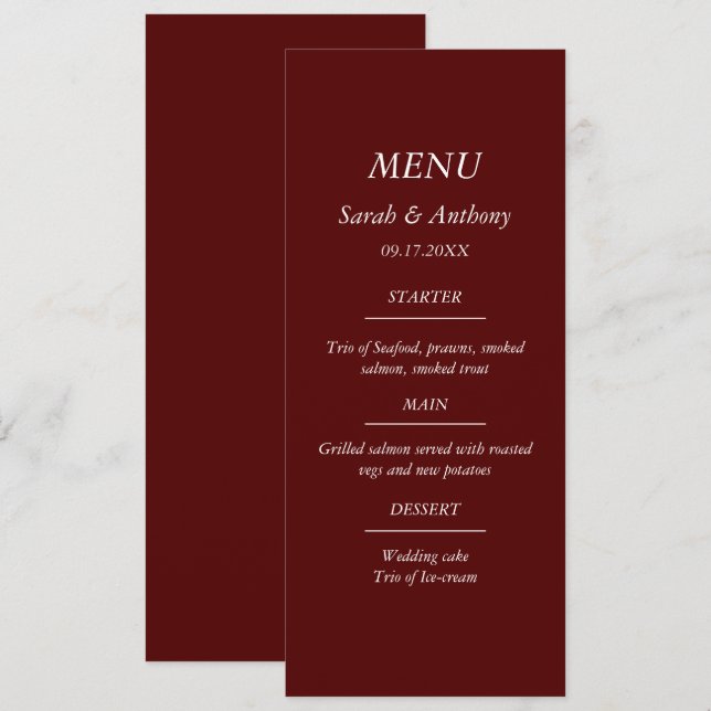 Menu Burgundy Casual Minimalist Elegant Wedding Food  (Frente/Verso)