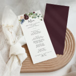Menu Burgundy Floral and Greenery Dinner<br><div class="desc">This burgundy floral and greenery dinner menu card is perfect for a winter wedding. The elegant boho design features watercolor navy,  blush pink and wine shade flowers with artistic penciled details.

This menu can be used for a wedding reception,  rehearsal dinner,  bridal shower or any event.</div>