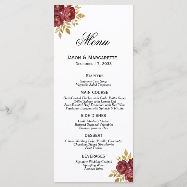 Menu Burgundy Gold Elegant Florals Modern Simple (Frente)