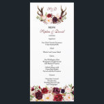 Menu Burgundy Marsala Floral Antlers Monograma<br><div class="desc">Rústico Burgundy Red Blush Floral Antlers monograma design com buquês florais de cor d'água, setas com corações e buquê floral como divisor; no verso um fundo real de burlôncio com buquês elegantes de canto floral de cor d'água. Use a ferramenta Personalizar para adicionar suas informações. Você pode mudar fontes, cores....</div>