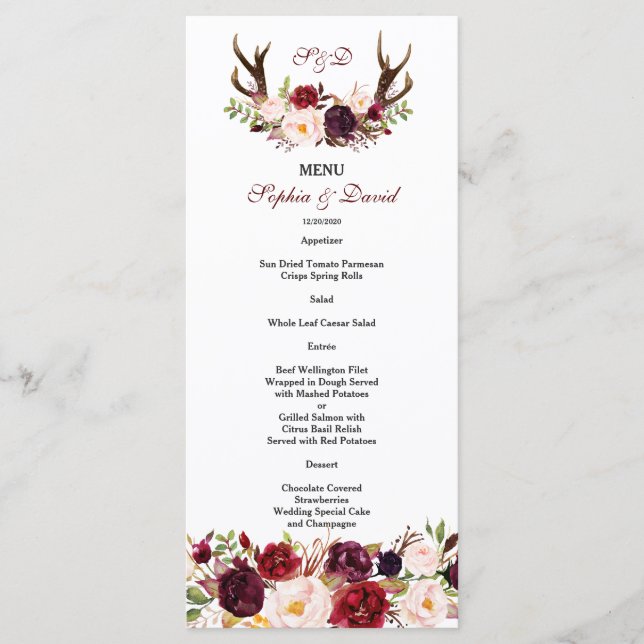 Menu Burgundy Marsala Floral Antlers Monograma (Frente)