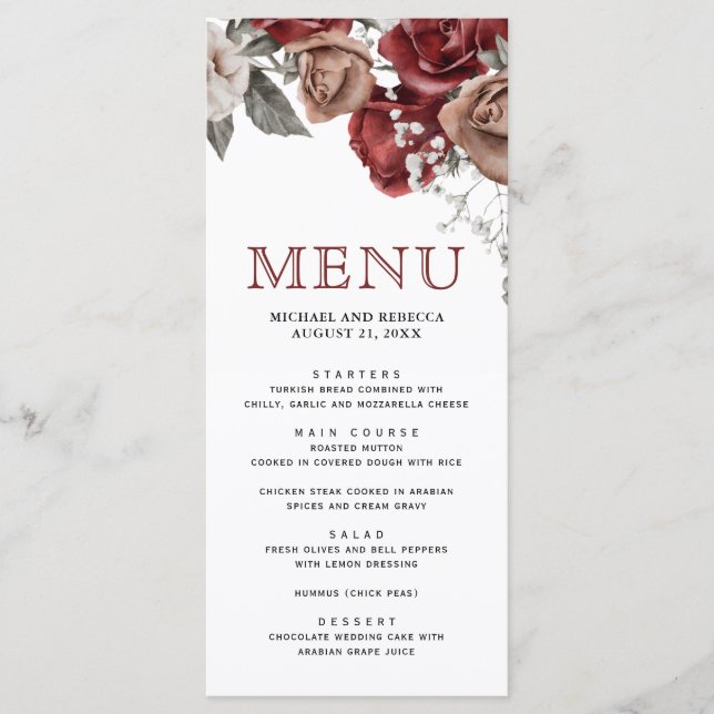 Menu Burgundy Red Roses Floral Wedding (Frente)