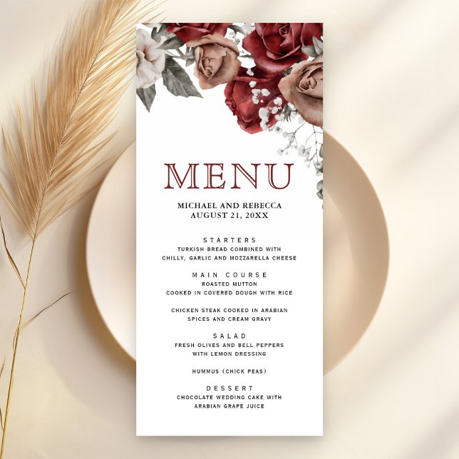 Menu Burgundy Red Roses Floral Wedding (Criador carregado)