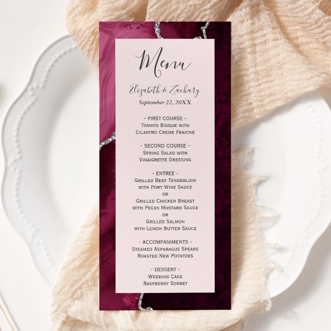 Menu Burgundy Silver Agate Blush Pink Wedding (Criador carregado)