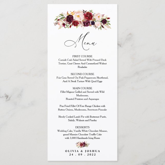 Menu Burgundy Wedding, Floral (Frente)
