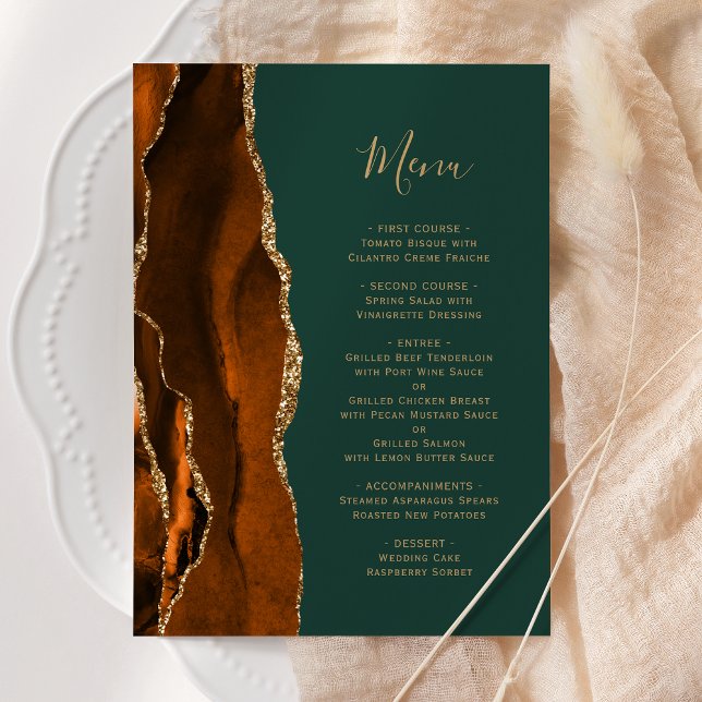 Menu Burnt Orange Agate Green Wedding (Criador carregado)
