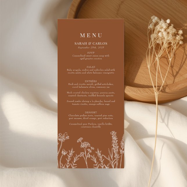 Menu Burnt Orange Boho Wildflower Wedding Reception (Criador carregado)