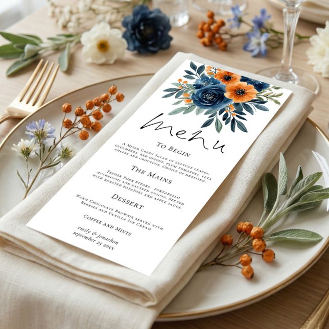 Menu Burnt Orange Navy Blue Florals Wedding (Criador carregado)