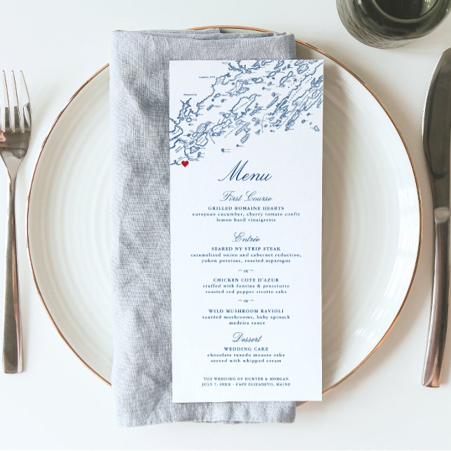 Menu Cabo Elizabeth Maine Mapa Elegante Casamento Azul  (These navy blue Cape Elizabeth Maine wedding menus are perfect for a Casco Bay destination wedding.)