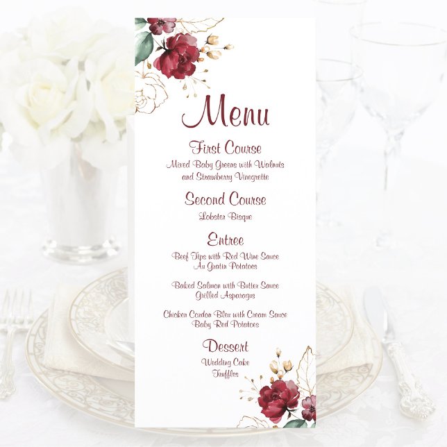 Menu Cachorro Elegante Borgonha e Dourada Floral (Criador carregado)