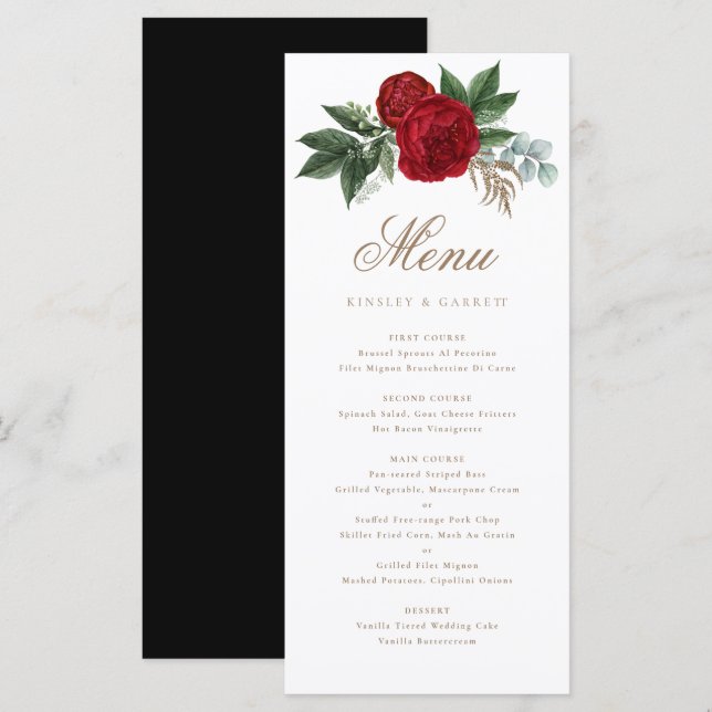 Menu Caligrafia Dourada Elegante Vermelho Floral Preto  (Frente/Verso)