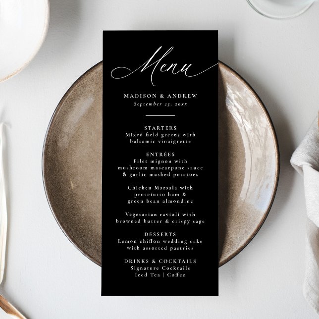 Menu Caligrafia Elegante Moderna Casamento Negro e Bran (Criador carregado)