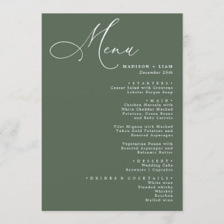 Menu Caligrafia elegante verde de casamento