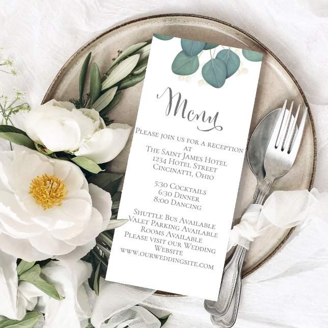 Menu Caligrafia Eucalyptus Greenery (Wedding menu card with calligraphy script and elegant foliage.)