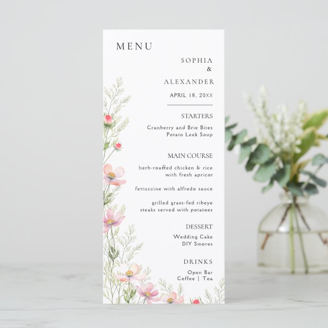 Menu Caligrafia minimalista, casamento. (Em pé/Frente)