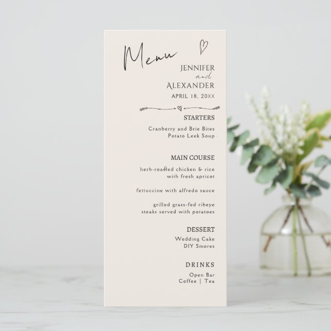 Menu Caligrafia minimalista, casamento. (Em pé/Frente)