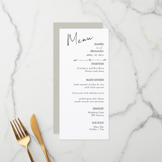 Menu Caligrafia minimalista, casamento. (Frente/Verso In Situ)