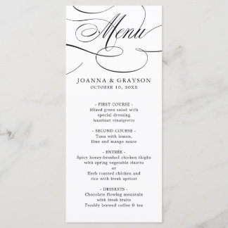 Menu Caligrafia moderna atemporal preto e branco casame