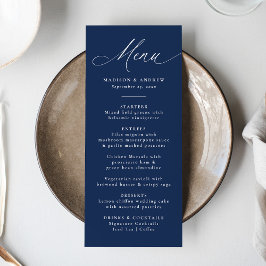 Menu Caligrafia Moderna e Elegante Casamento Azul-Marin