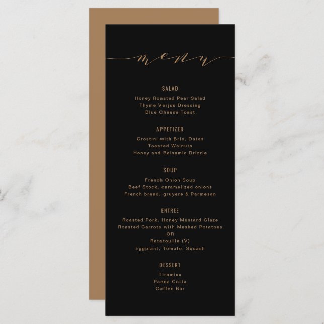 Menu Caligrafia moderna simples, preto e bronze (Frente/Verso)