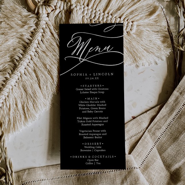 Menu Caligrafia romântica | Janto de Casamento Negro Es (Criador carregado)