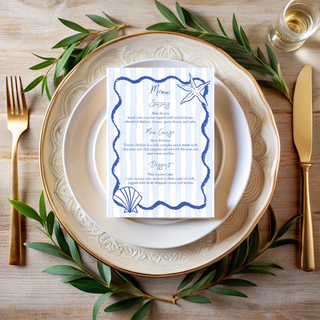 Menu Capas de praia do desenho de mão (Handrawn sketch seashells blue wavy border beach wedding Menu cards personalized menu stationery)